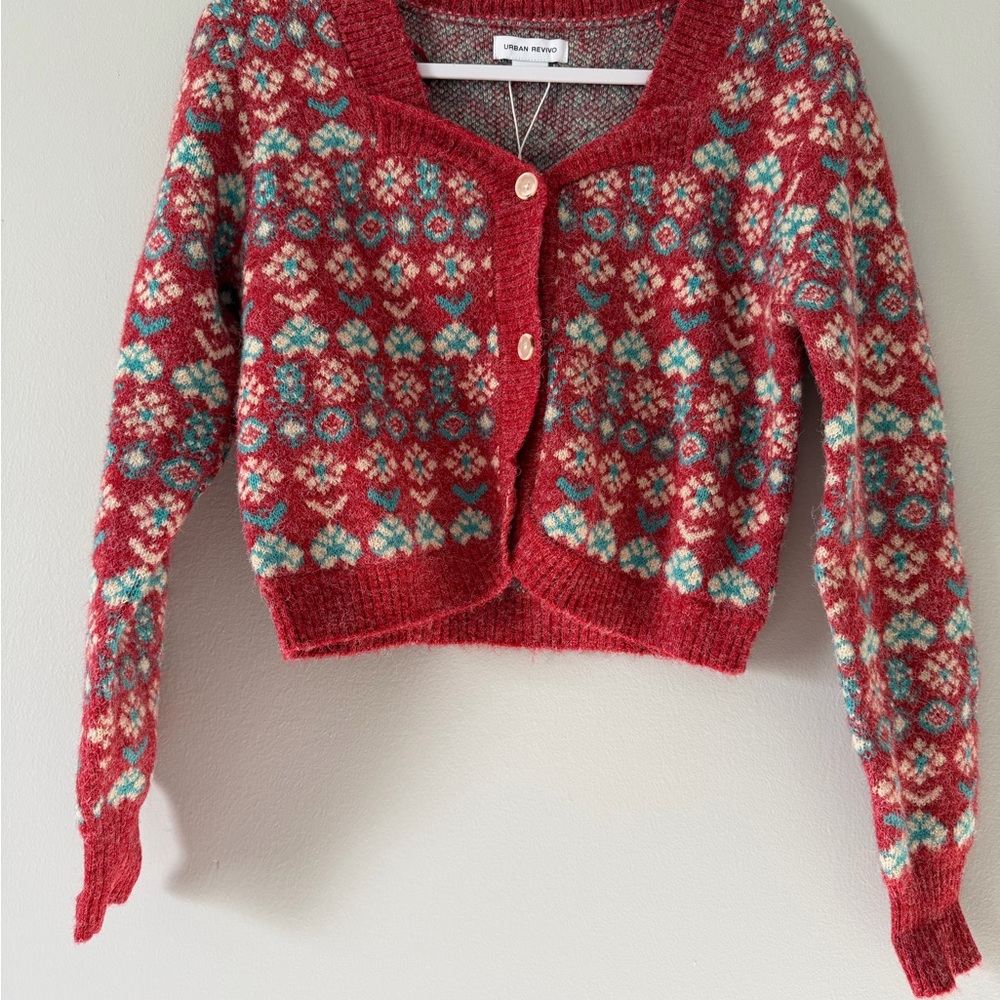 Urban revivo fair isle knit Cardigan women’s size S Cropped Button front Sweater
